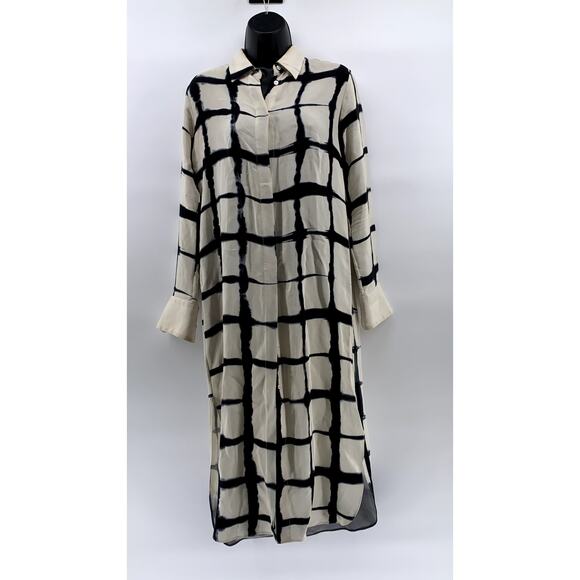 ADAM LIPPIES Women's Beige-Black Silk Printed Button-Up Tunic Top SZ 0 - Picture 1 of 12